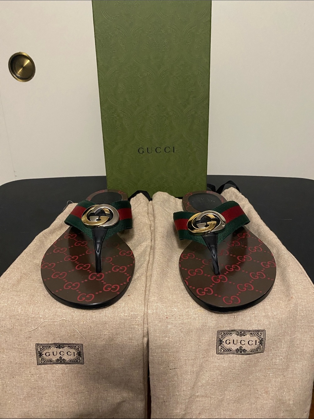 Gucci Green/Red GG Logo Thong Sandals for Women